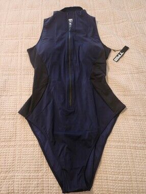 TA3 Midnight Black Sleeveless Surfy NWT 3X XLong Zip Front Swimsuit Corset Back